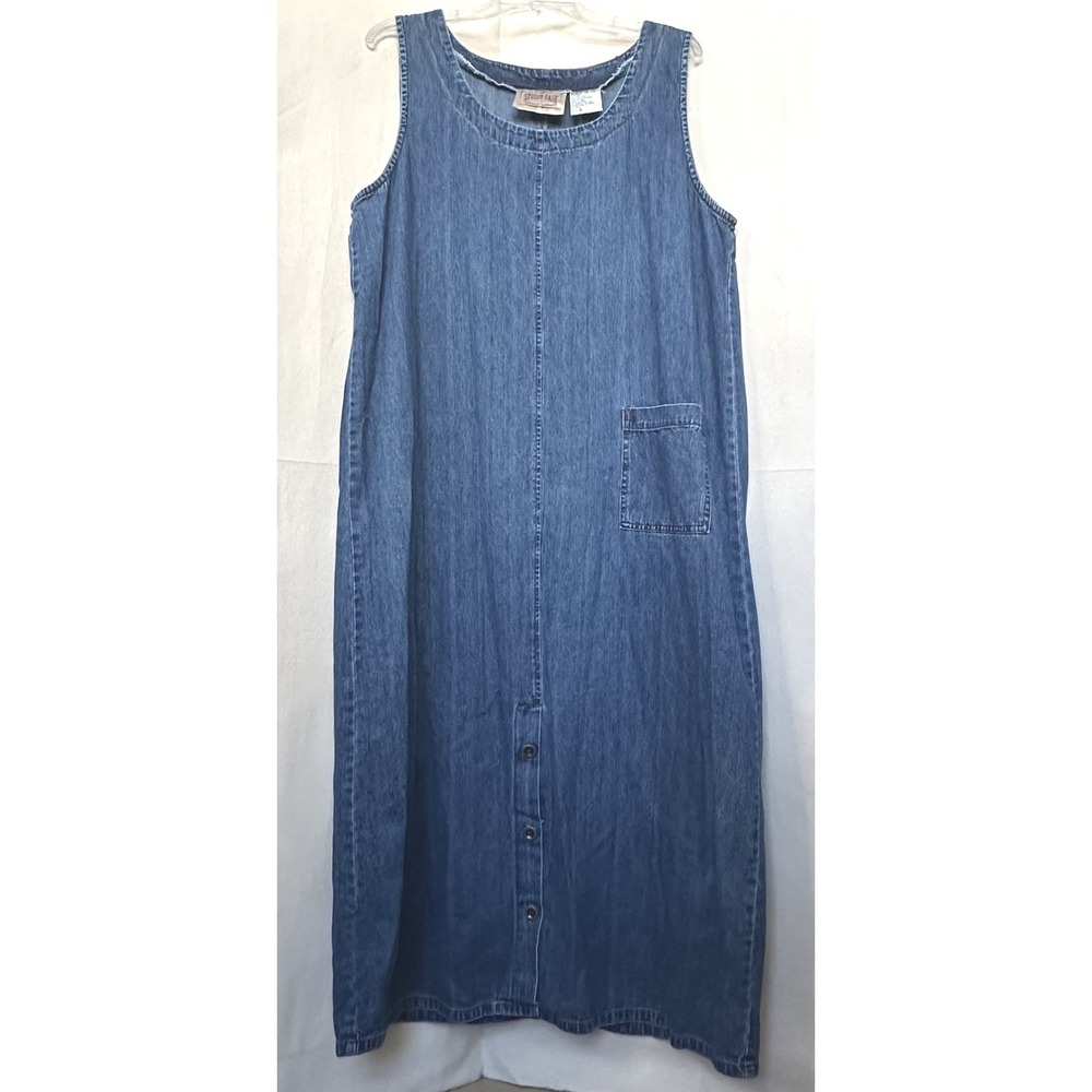 Vtg 90s Studio Ease Cottagecore Blue Denim Maxi Dress Button Front Size 16 READ
